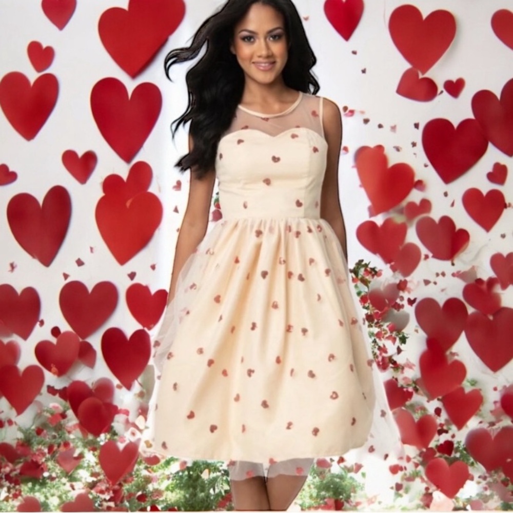 Magnolia Place Cream Mesh & Red Sequin Hearts Vanity Swing Dress